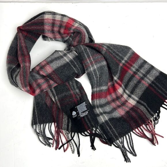 V. FRAAS Wool Cashmere Blend Gray Red Plaid Scarf Unisex - Picture 3 of 9